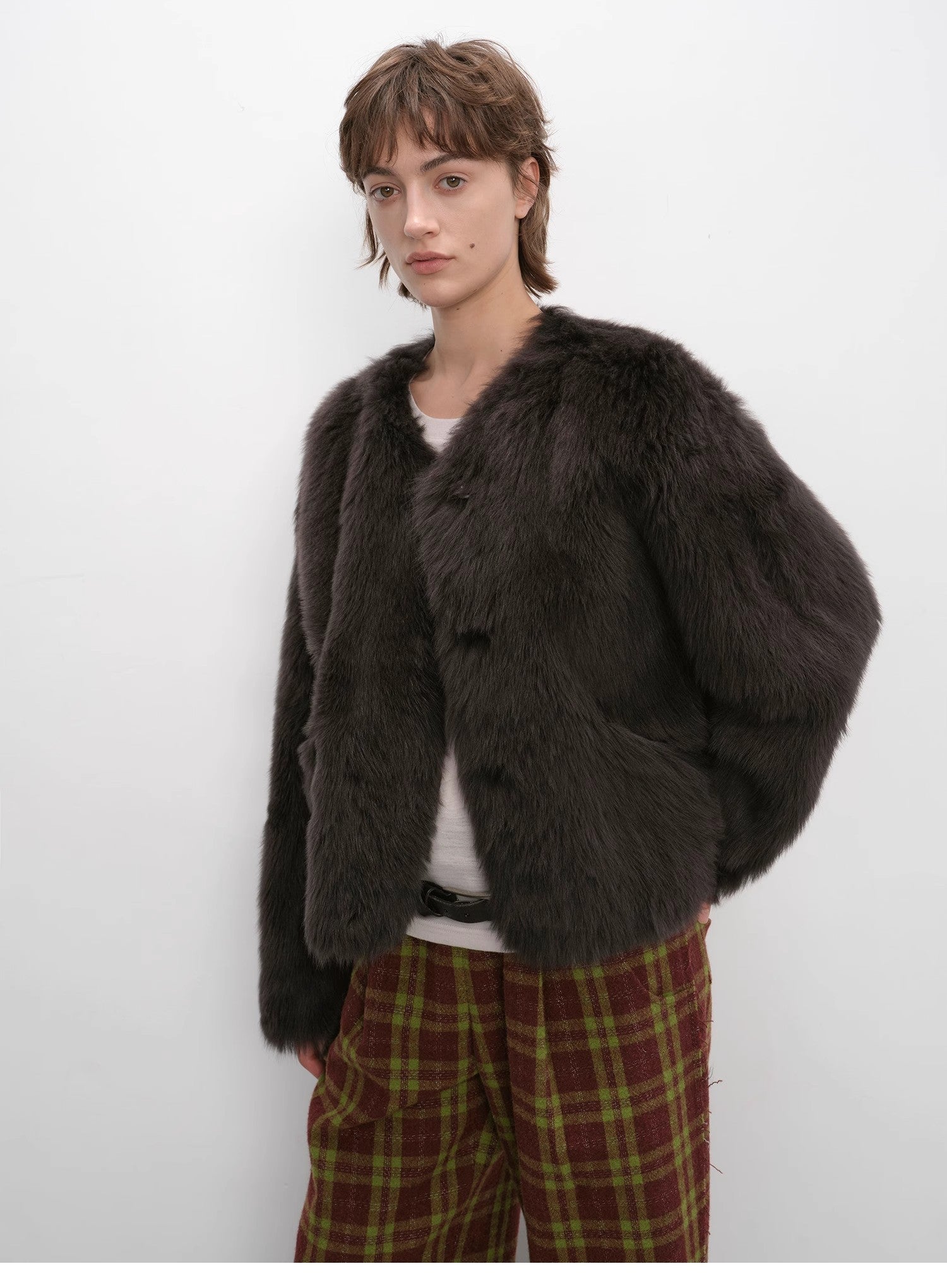 "Darcy Manor" imported Tuscan straight wool sheepskin sweetheart collar short fur coat - variant_title