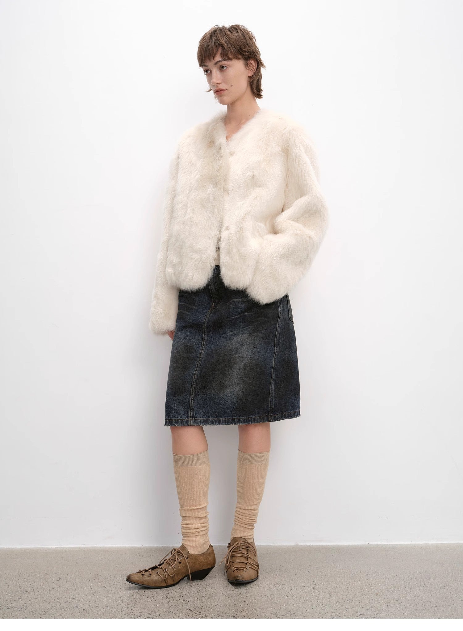 "Darcy Manor" imported Tuscan straight wool sheepskin sweetheart collar short fur coat - variant_title