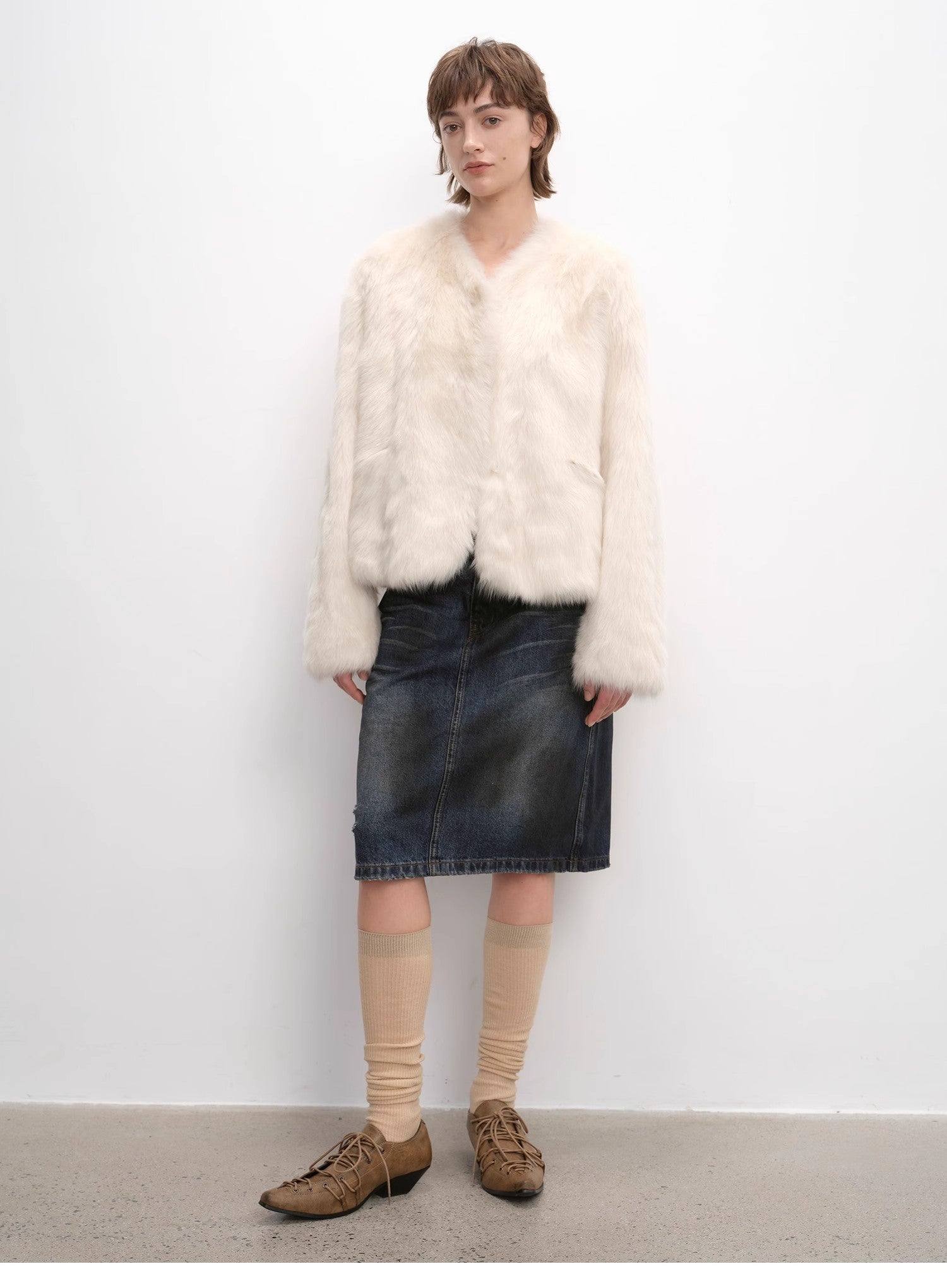 "Darcy Manor" imported Tuscan straight wool sheepskin sweetheart collar short fur coat - variant_title