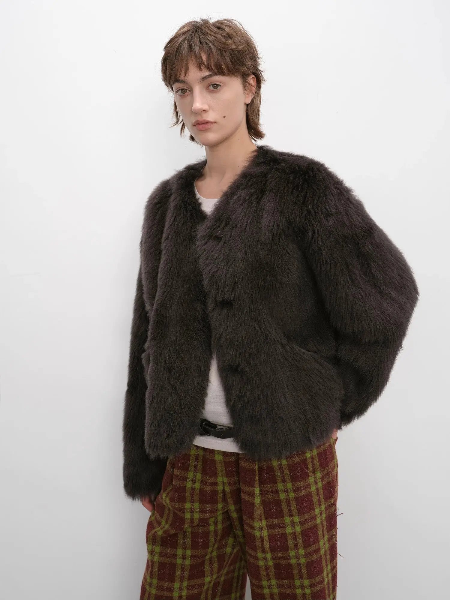 Darcy Manor ink gray Toscana shearling short coat, three-quarter view
