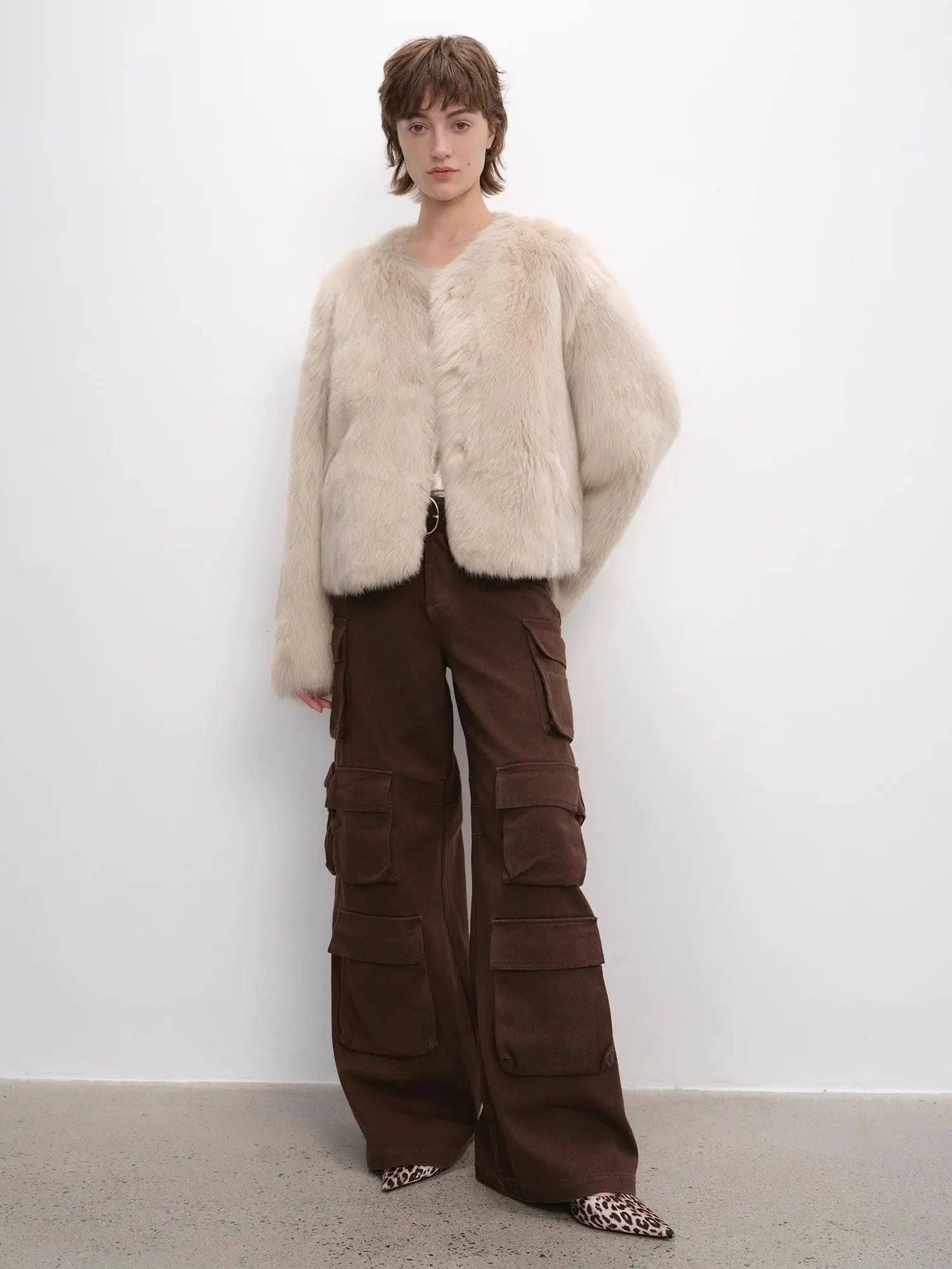 Darcy Manor wheat Toscana shearling short coat, full-length styling view