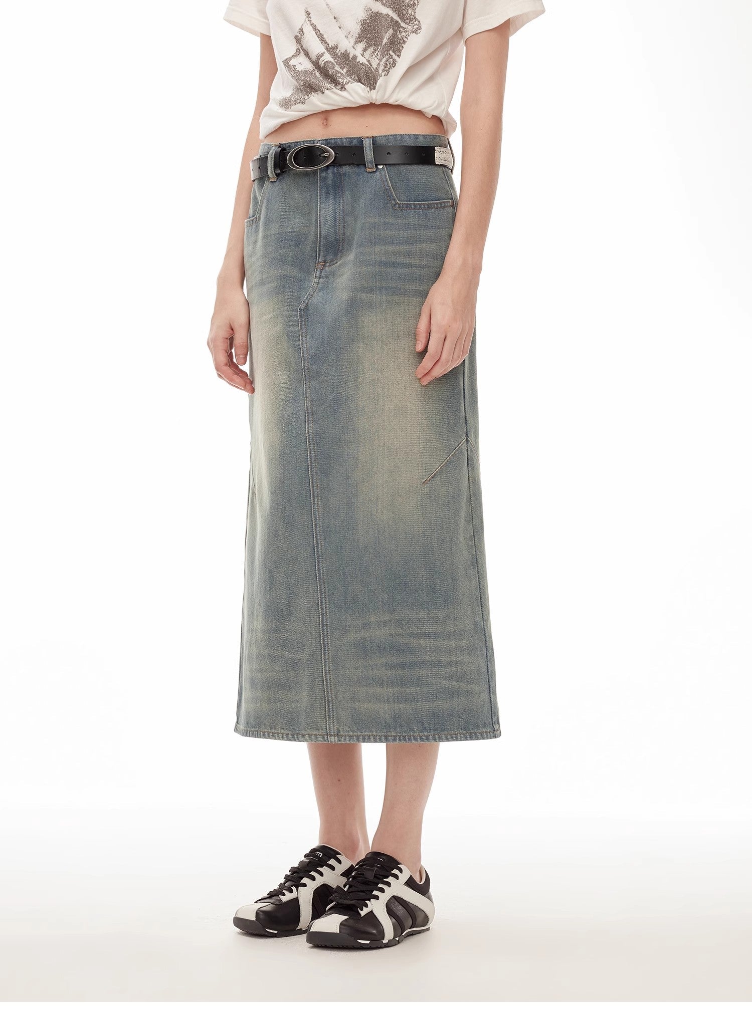 "Dawn Denim" retro old enzyme washed mid - low waist slim fishtail flared slim denim skirt - variant_title