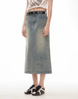 "Dawn Denim" retro old enzyme washed mid - low waist slim fishtail flared slim denim skirt - variant_title