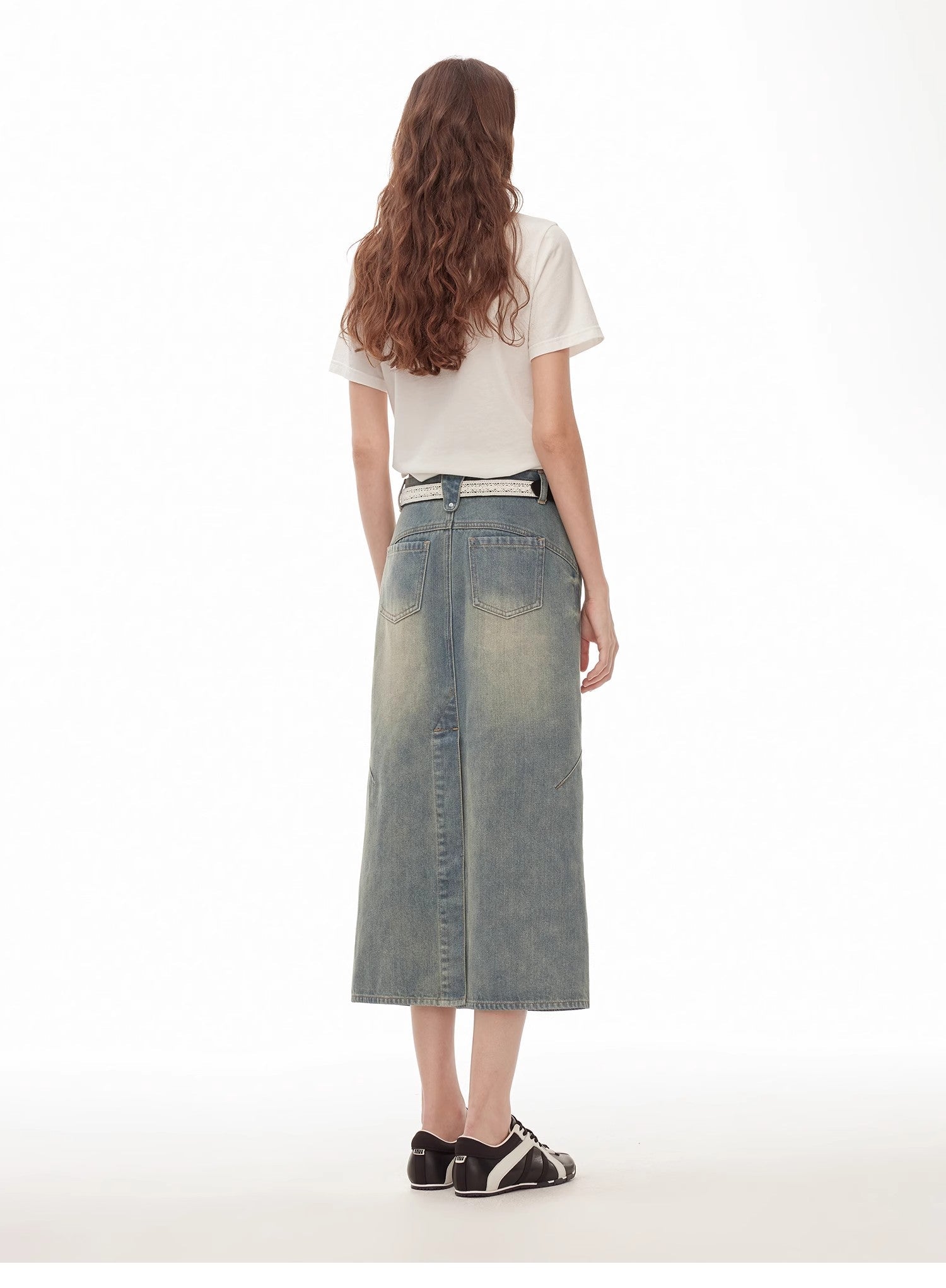 "Dawn Denim" retro old enzyme washed mid - low waist slim fishtail flared slim denim skirt - variant_title
