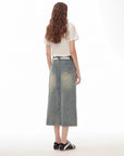 "Dawn Denim" retro old enzyme washed mid - low waist slim fishtail flared slim denim skirt - variant_title
