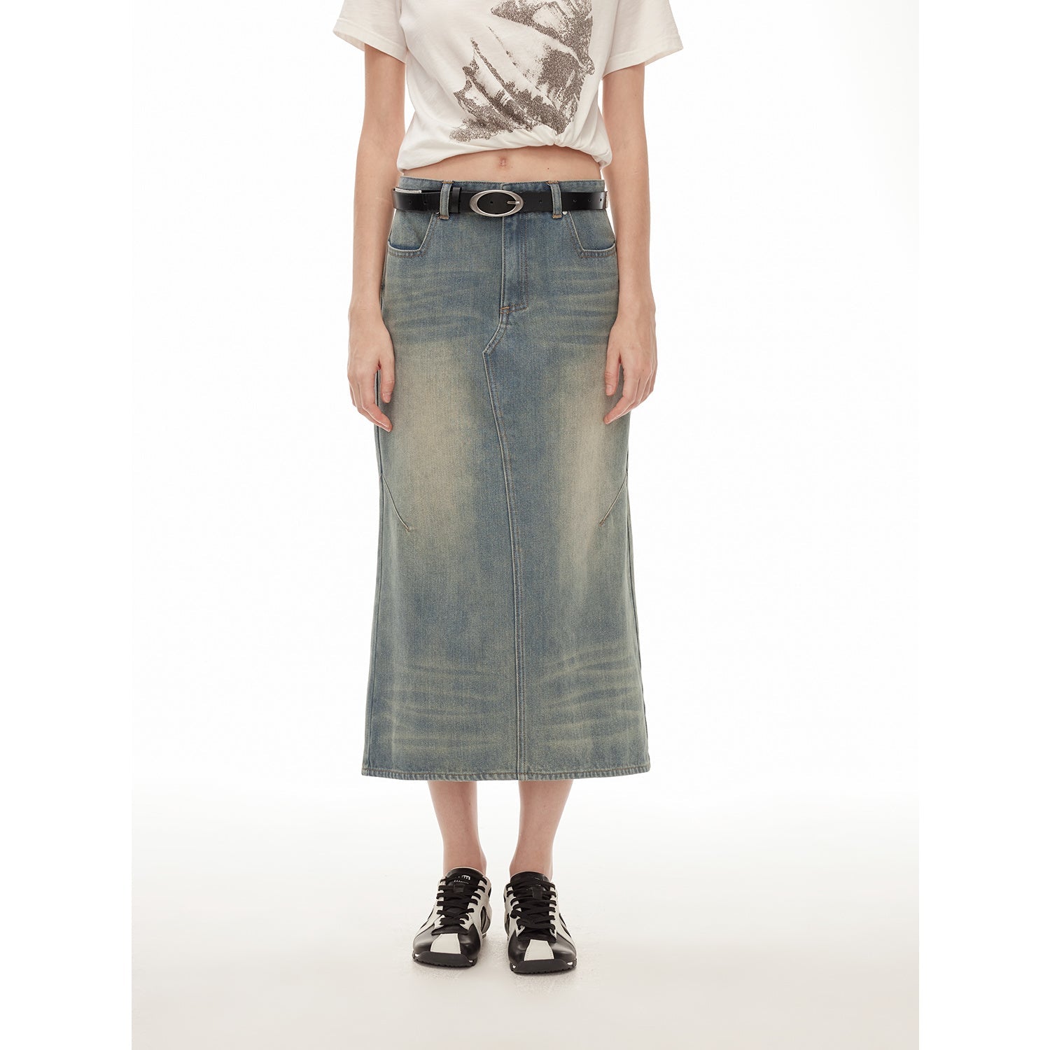 "Dawn Denim" retro old enzyme washed mid - low waist slim fishtail flared slim denim skirt - variant_title
