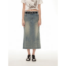 "Dawn Denim" retro old enzyme washed mid - low waist slim fishtail flared slim denim skirt - variant_title