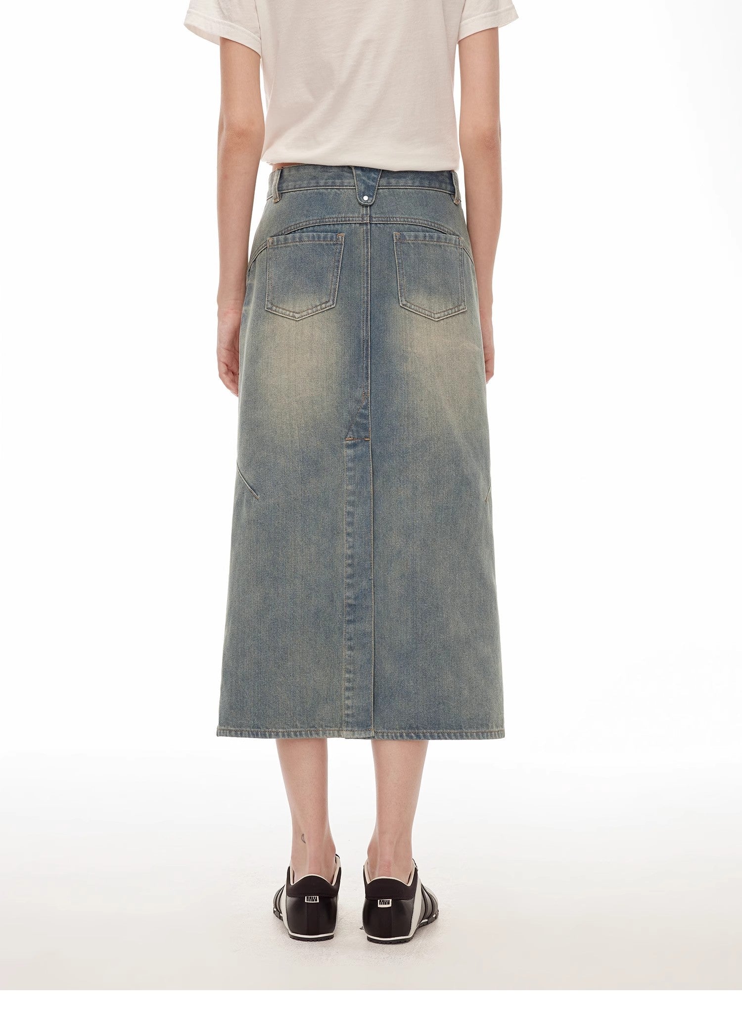 "Dawn Denim" retro old enzyme washed mid - low waist slim fishtail flared slim denim skirt - variant_title