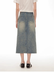 "Dawn Denim" retro old enzyme washed mid - low waist slim fishtail flared slim denim skirt - variant_title