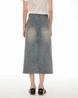 "Dawn Denim" retro old enzyme washed mid - low waist slim fishtail flared slim denim skirt - variant_title