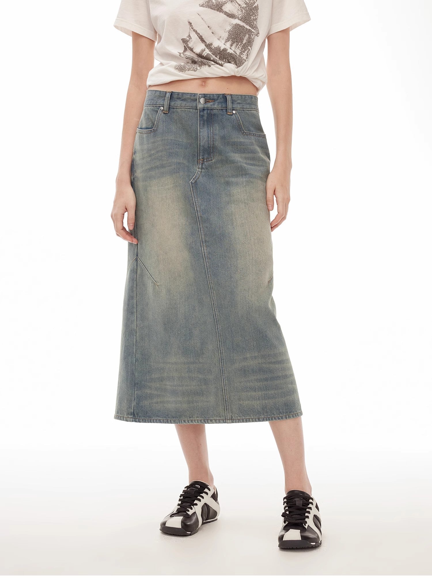 "Dawn Denim" retro old enzyme washed mid - low waist slim fishtail flared slim denim skirt - variant_title
