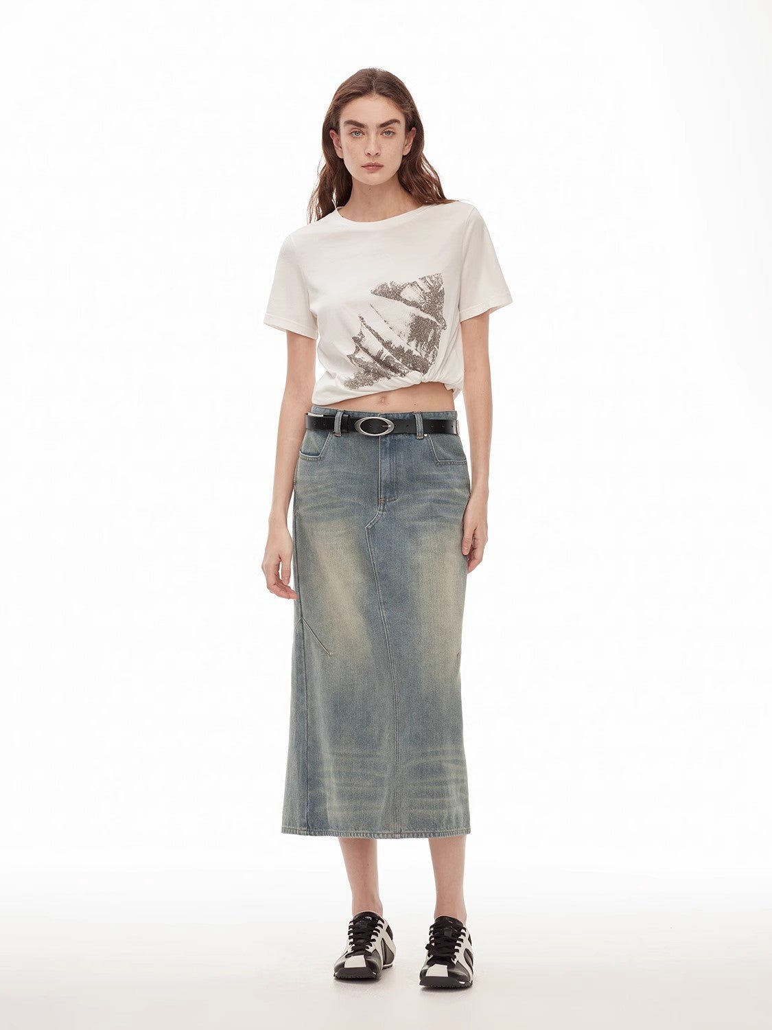 "Dawn Denim" retro old enzyme washed mid - low waist slim fishtail flared slim denim skirt - variant_title