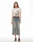 "Dawn Denim" retro old enzyme washed mid - low waist slim fishtail flared slim denim skirt - variant_title