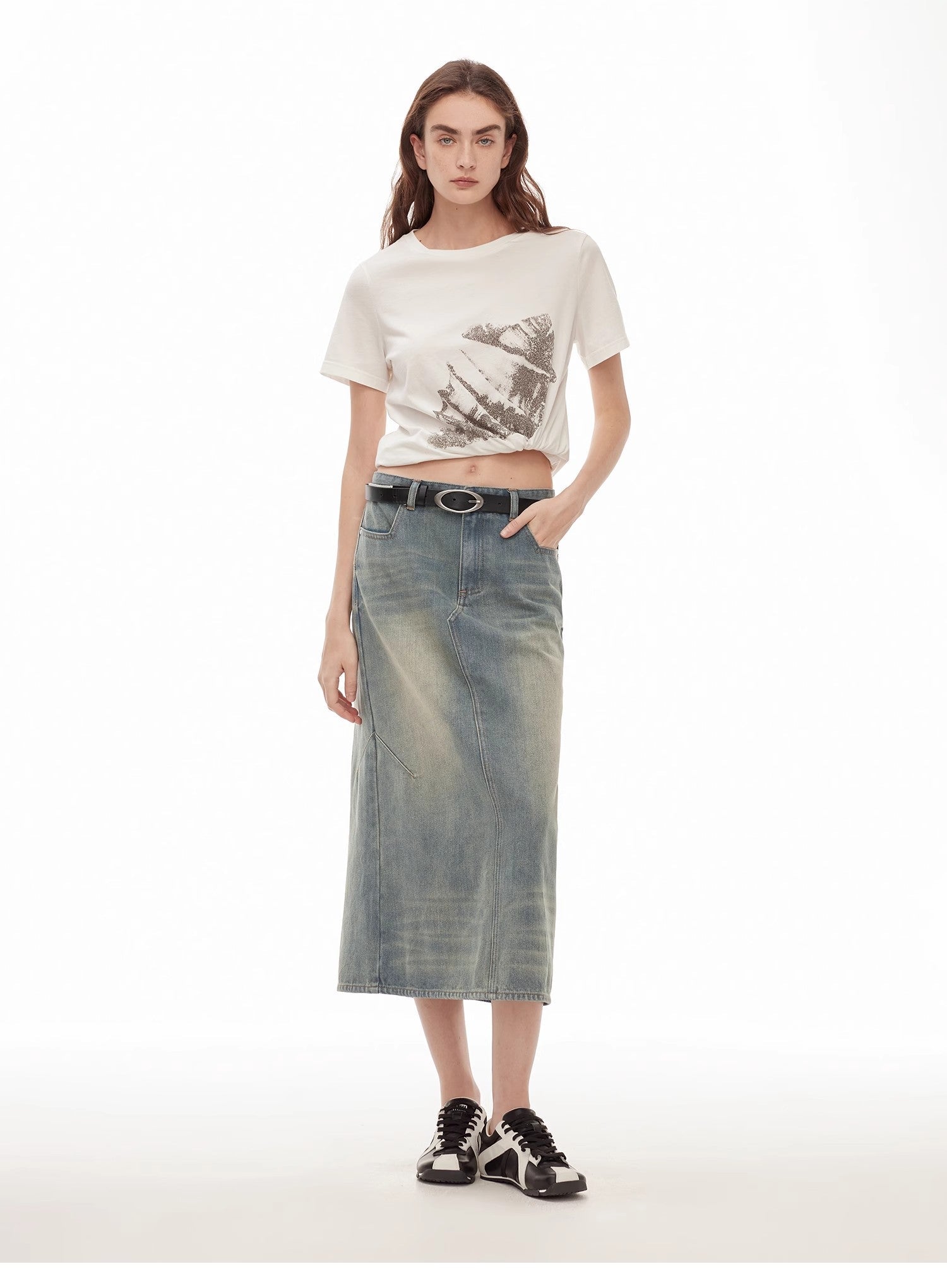 "Dawn Denim" retro old enzyme washed mid - low waist slim fishtail flared slim denim skirt - variant_title