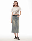 "Dawn Denim" retro old enzyme washed mid - low waist slim fishtail flared slim denim skirt - variant_title