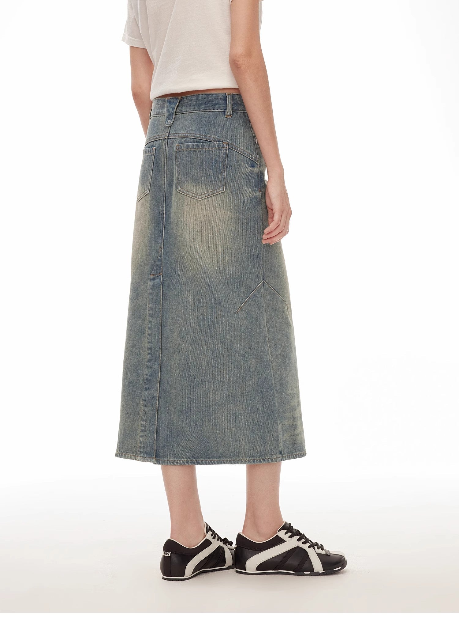 "Dawn Denim" retro old enzyme washed mid - low waist slim fishtail flared slim denim skirt - variant_title