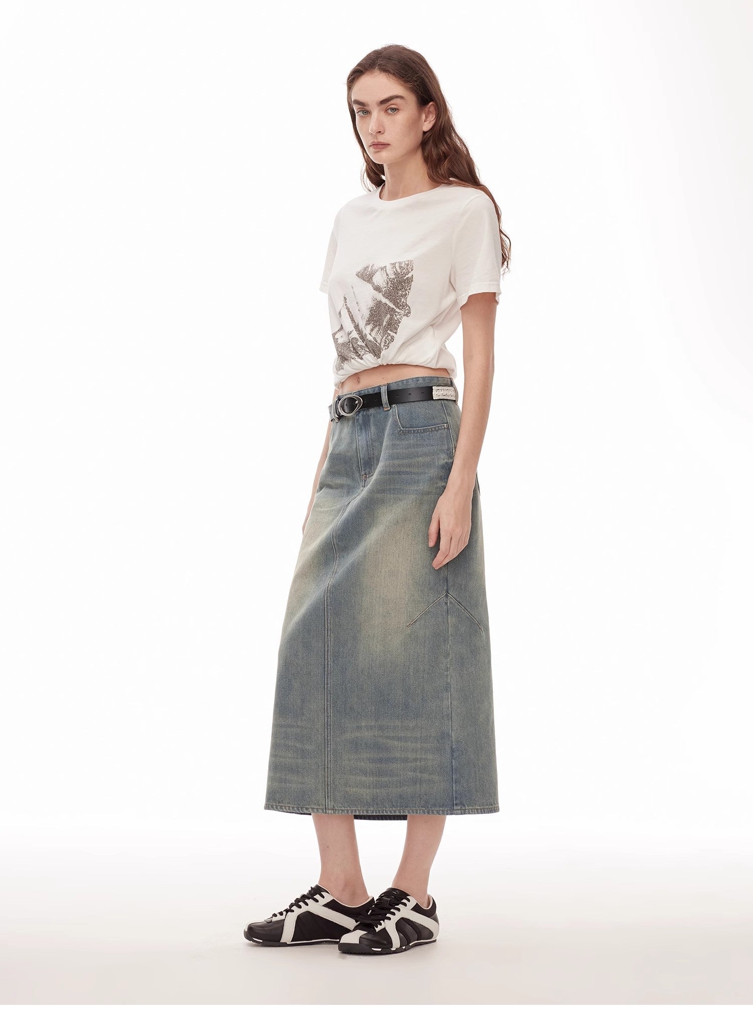 "Dawn Denim" retro old enzyme washed mid - low waist slim fishtail flared slim denim skirt - variant_title