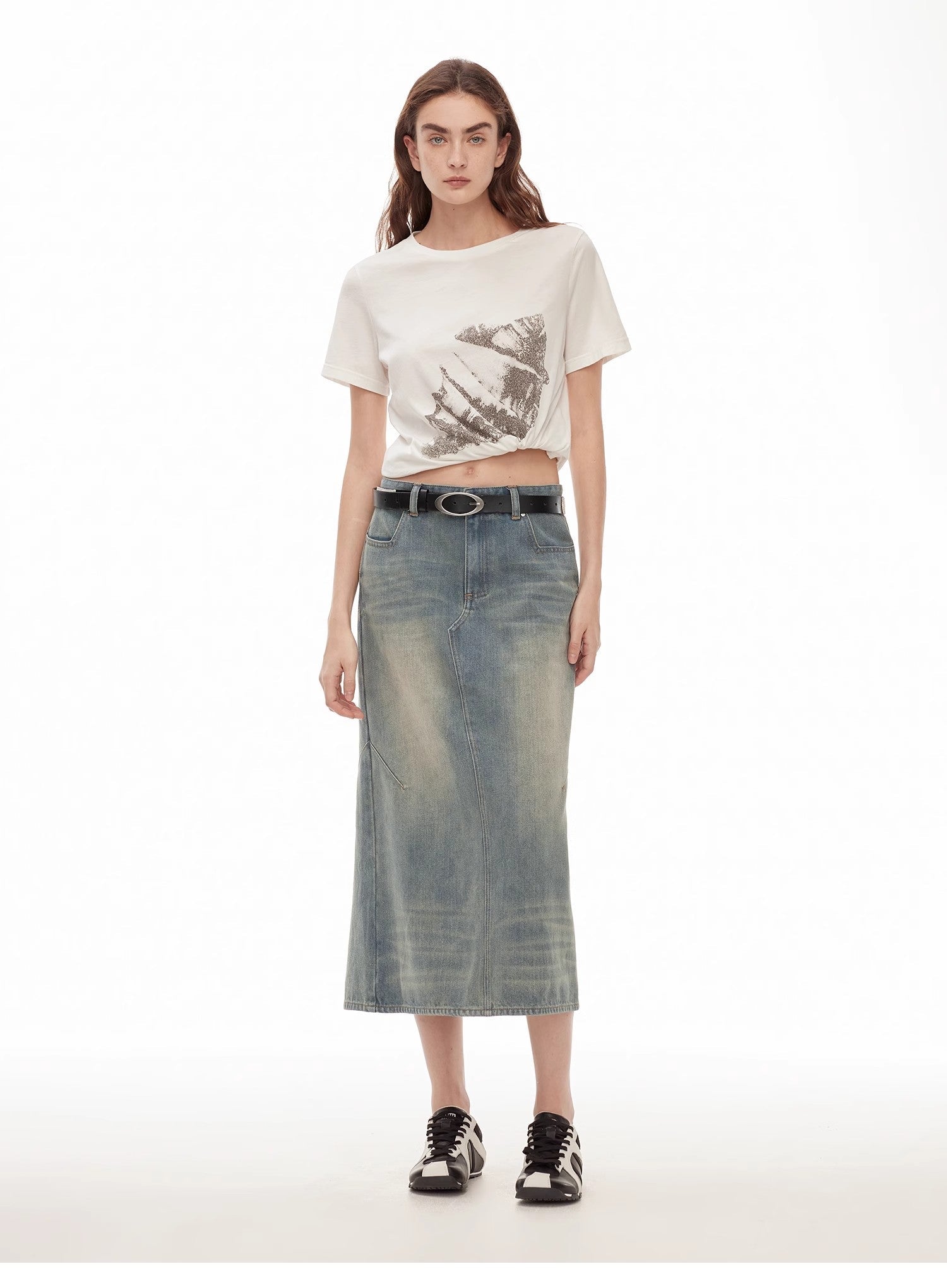 "Dawn Denim" retro old enzyme washed mid - low waist slim fishtail flared slim denim skirt - variant_title