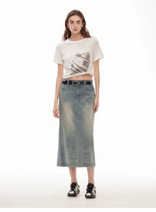 "Dawn Denim" retro old enzyme washed mid - low waist slim fishtail flared slim denim skirt - variant_title