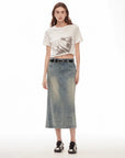 "Dawn Denim" retro old enzyme washed mid - low waist slim fishtail flared slim denim skirt - variant_title