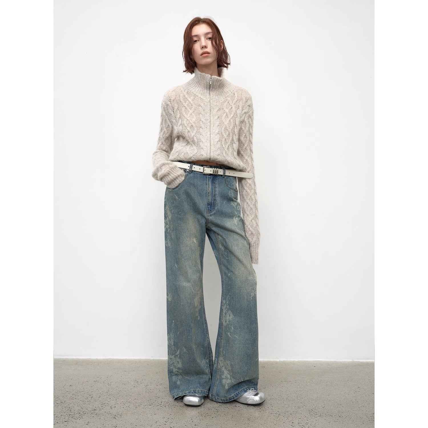 "Denim Shadow"retro washed printed layered casual slimming cotton bootcut jeans - variant_title