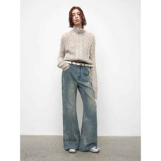 "Denim Shadow"retro washed printed layered casual slimming cotton bootcut jeans - variant_title