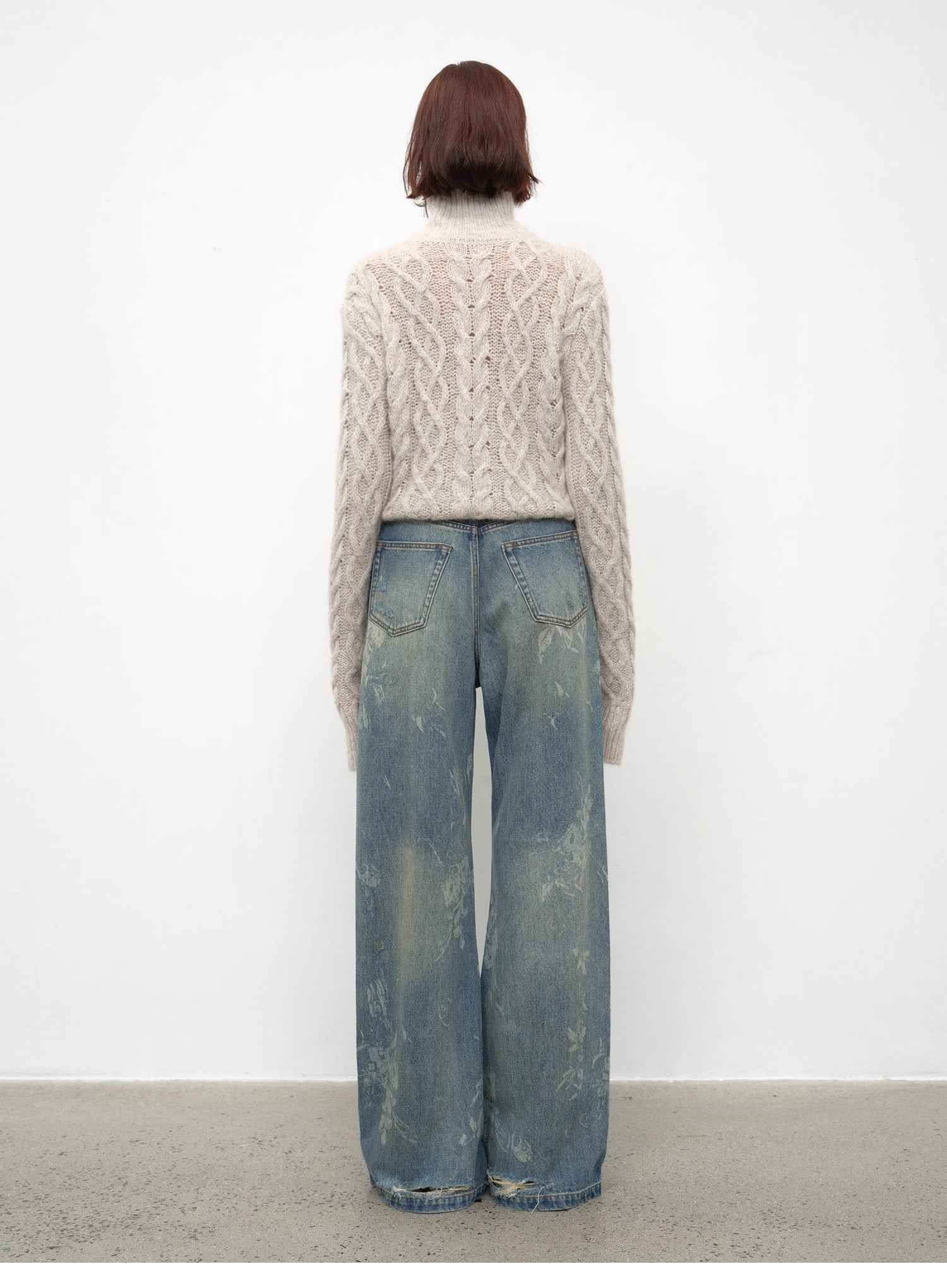 "Denim Shadow"retro washed printed layered casual slimming cotton bootcut jeans - variant_title