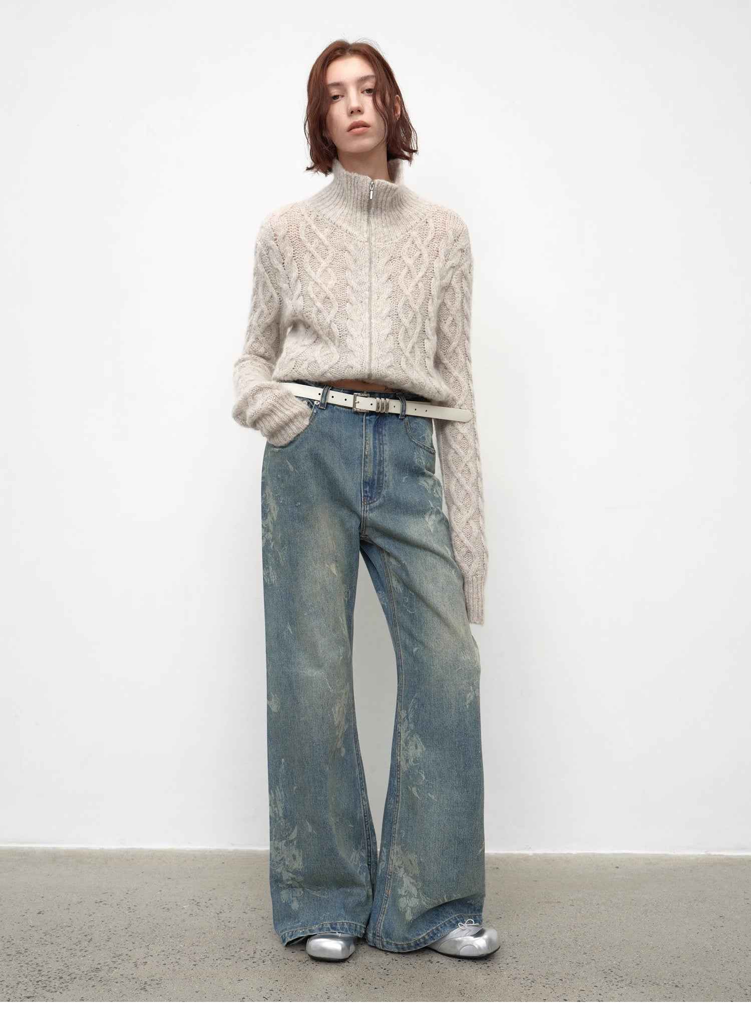 "Denim Shadow"retro washed printed layered casual slimming cotton bootcut jeans - variant_title