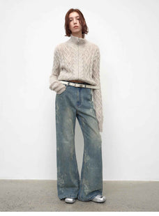 "Denim Shadow"retro washed printed layered casual slimming cotton bootcut jeans - variant_title