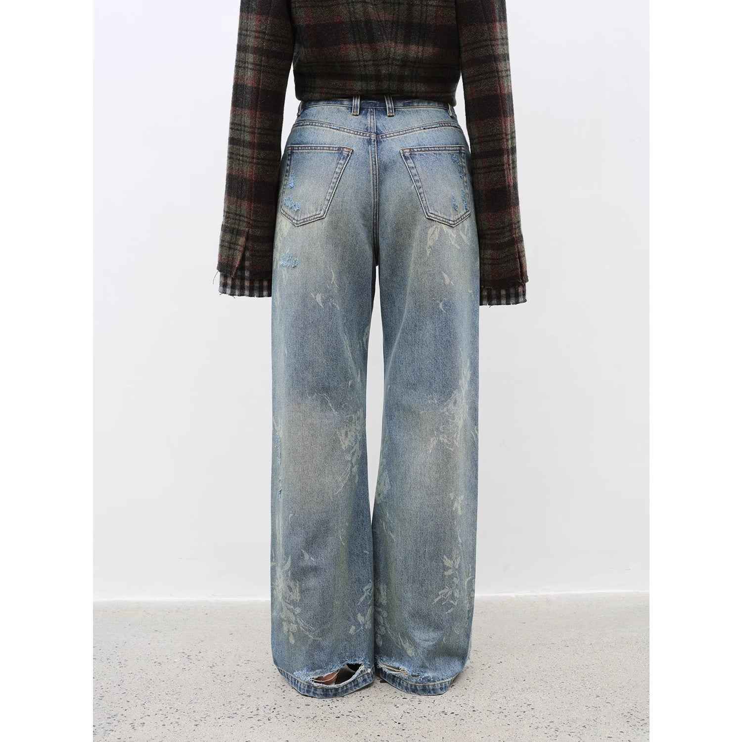 "Denim Shadow"retro washed printed layered casual slimming cotton bootcut jeans - variant_title