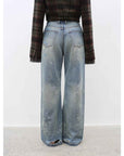 "Denim Shadow"retro washed printed layered casual slimming cotton bootcut jeans - variant_title