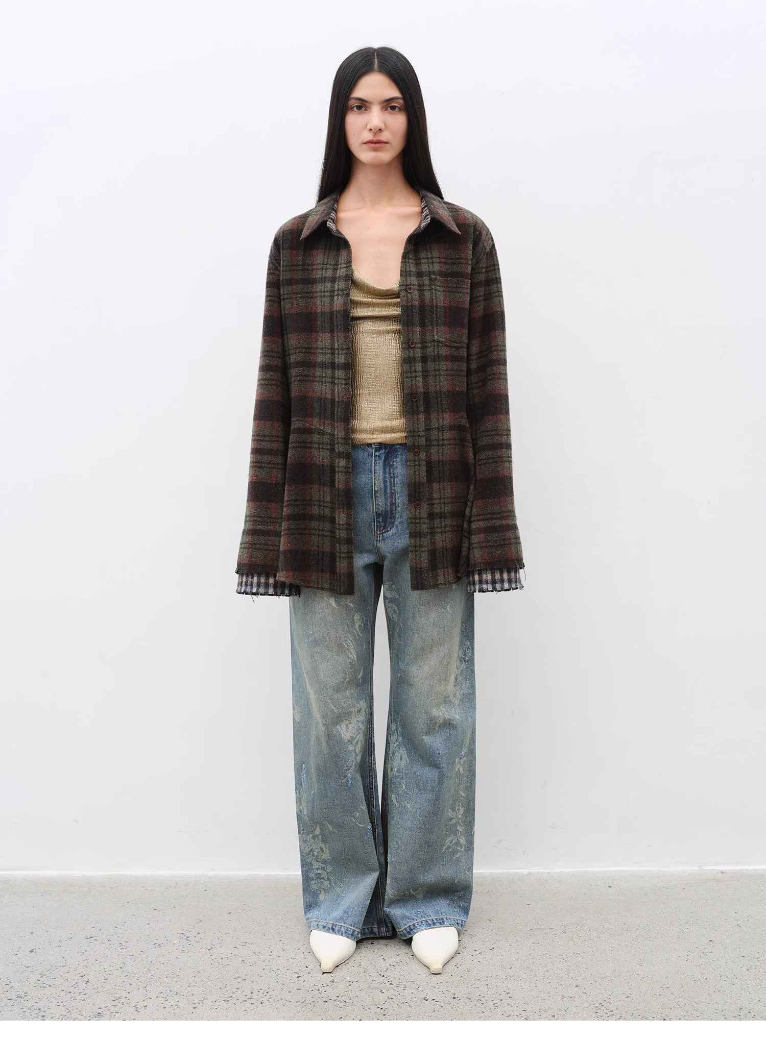 "Denim Shadow"retro washed printed layered casual slimming cotton bootcut jeans - variant_title