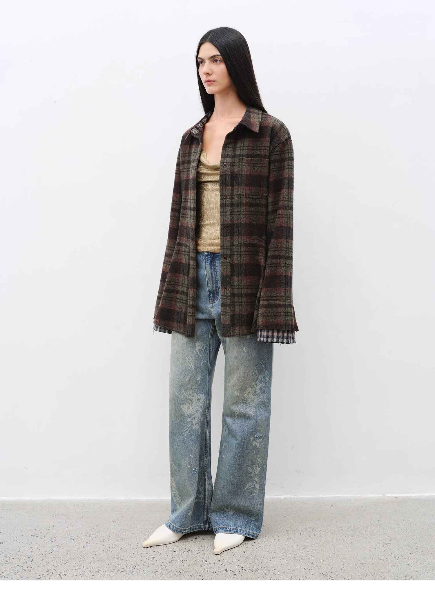 "Denim Shadow"retro washed printed layered casual slimming cotton bootcut jeans - variant_title