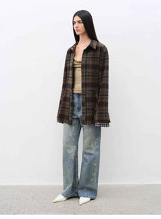 "Denim Shadow"retro washed printed layered casual slimming cotton bootcut jeans - variant_title