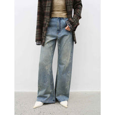 "Denim Shadow"retro washed printed layered casual slimming cotton bootcut jeans - variant_title