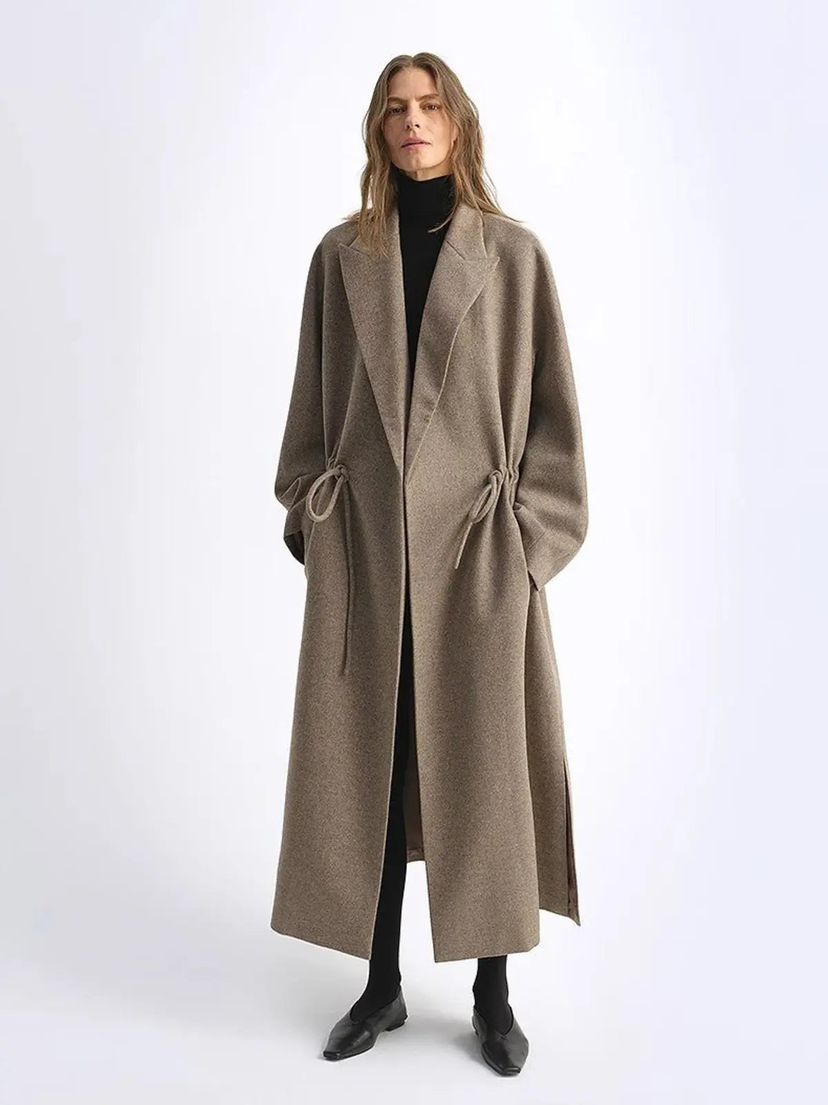 Desert Heart peaked-lapel drawstring mid-length wool coat product image 05