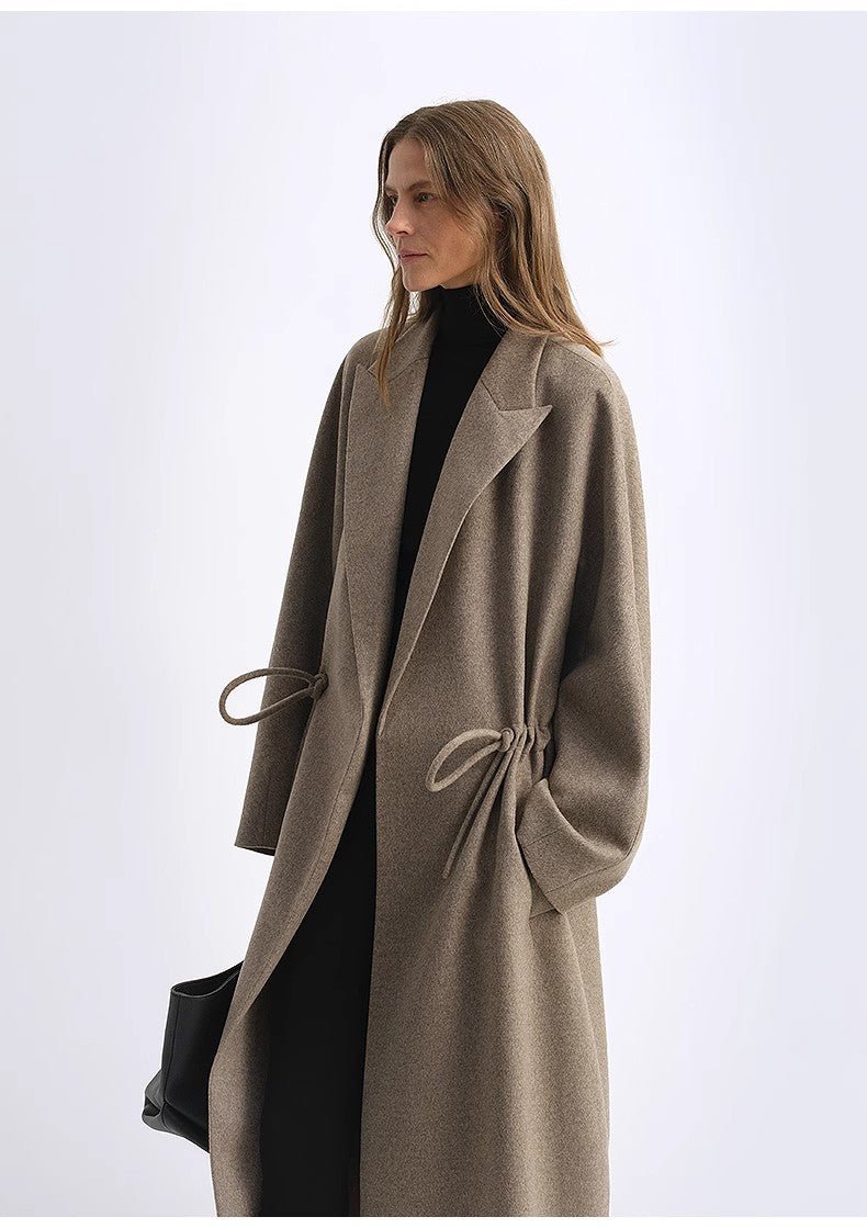 "Desert Heart"women's original color wool peaked lapel drawstring mid - length wool coat - variant_title