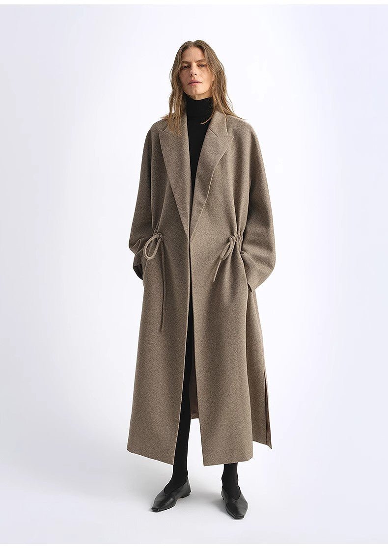 "Desert Heart"women's original color wool peaked lapel drawstring mid - length wool coat - variant_title