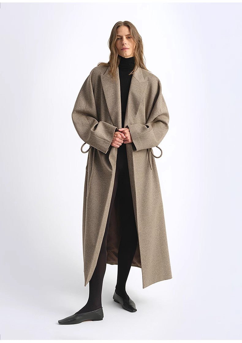 "Desert Heart"women's original color wool peaked lapel drawstring mid - length wool coat - variant_title