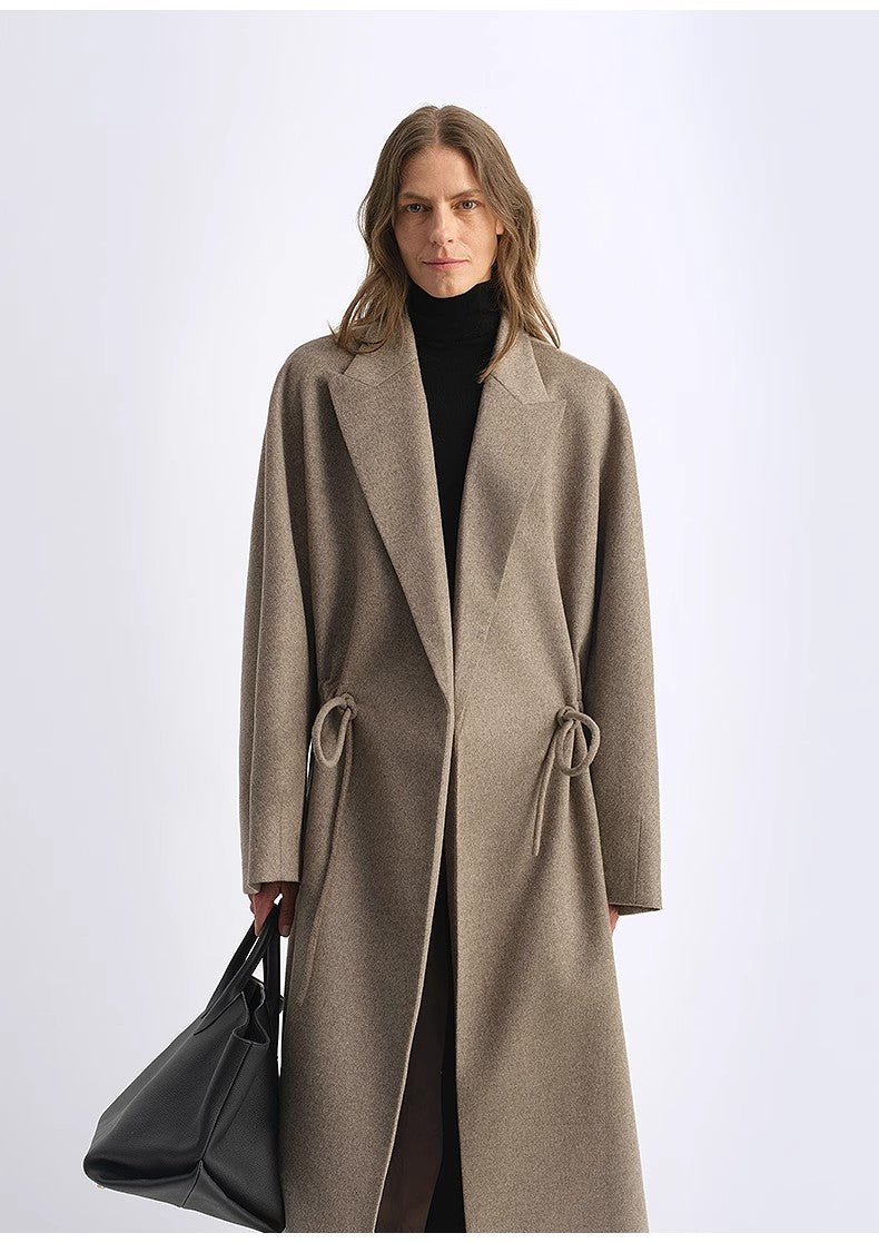"Desert Heart"women's original color wool peaked lapel drawstring mid - length wool coat - variant_title