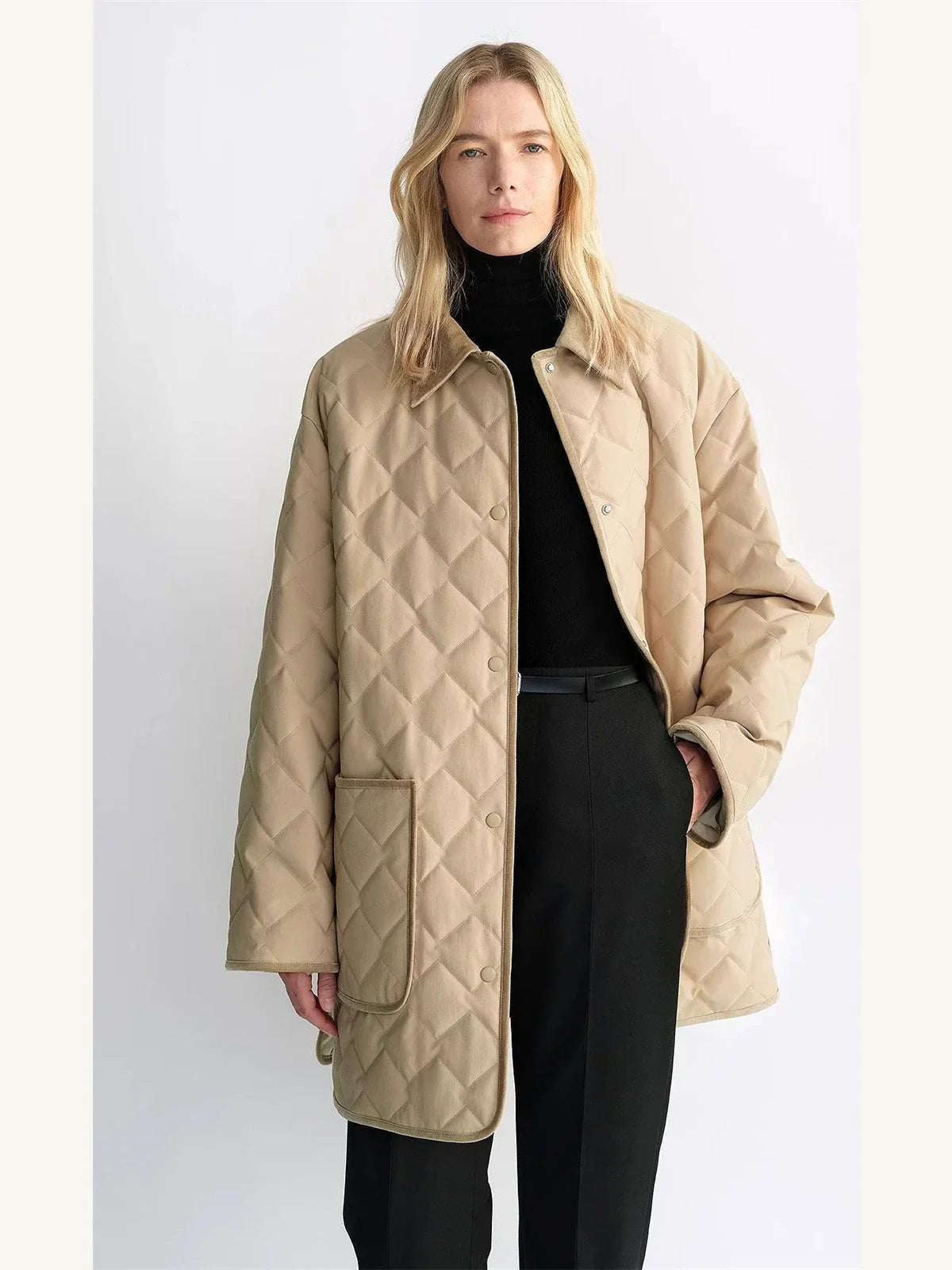 Fireladyfur Diamond Texture goose down barn jacket front model view