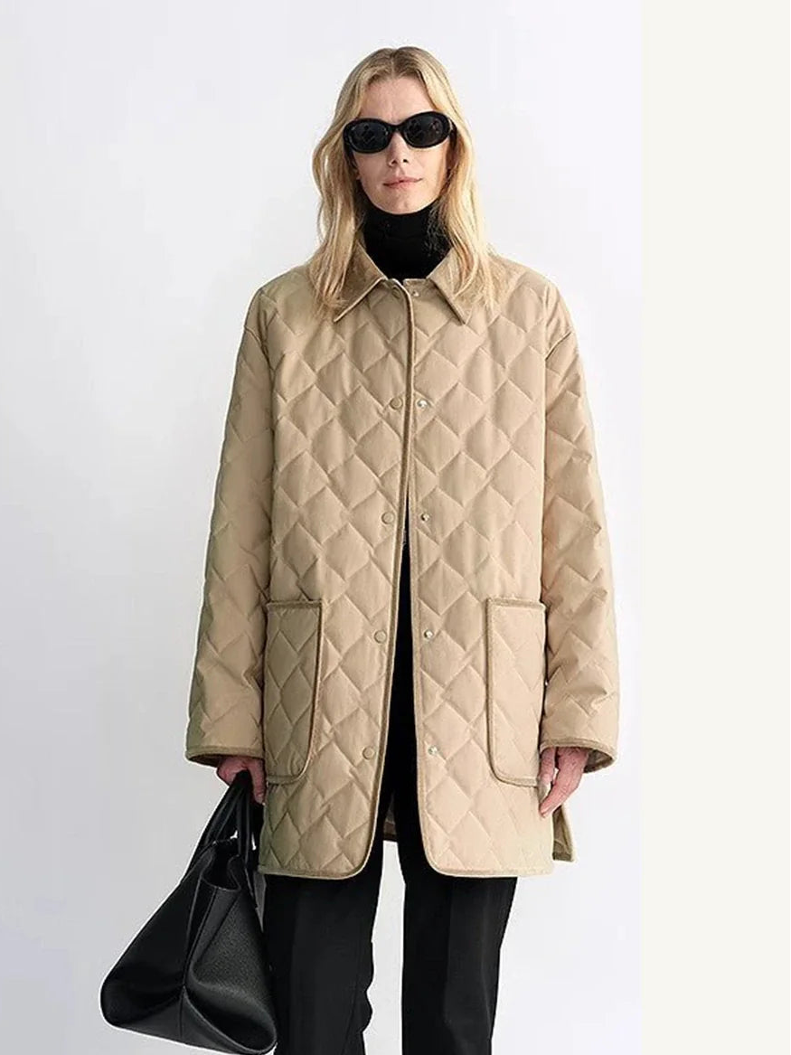 Fireladyfur Diamond Texture goose down barn jacket khaki outfit front view