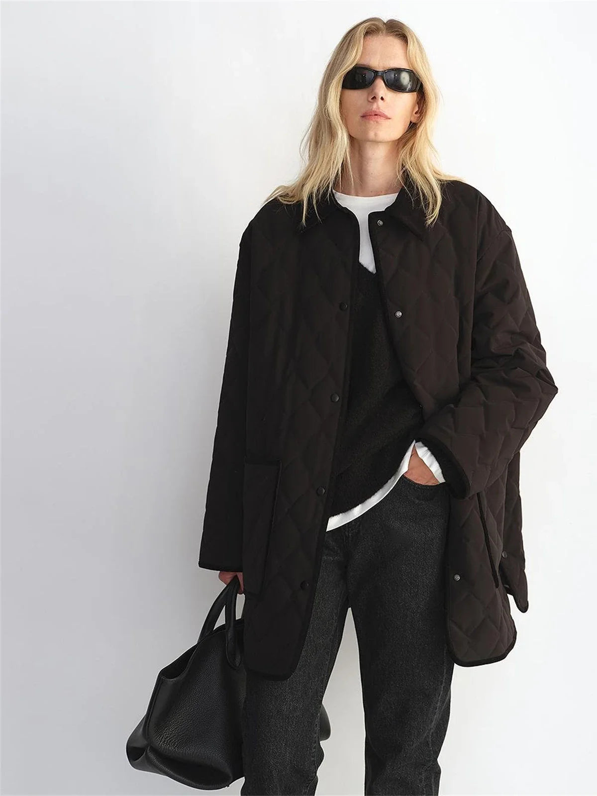 Fireladyfur Diamond Texture black goose down barn jacket color view
