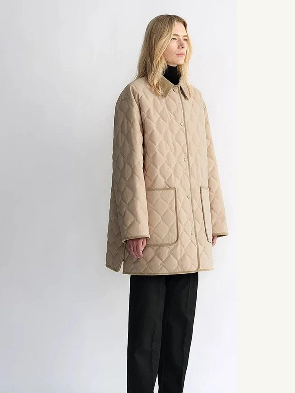 Fireladyfur Diamond Texture khaki goose down barn jacket side view