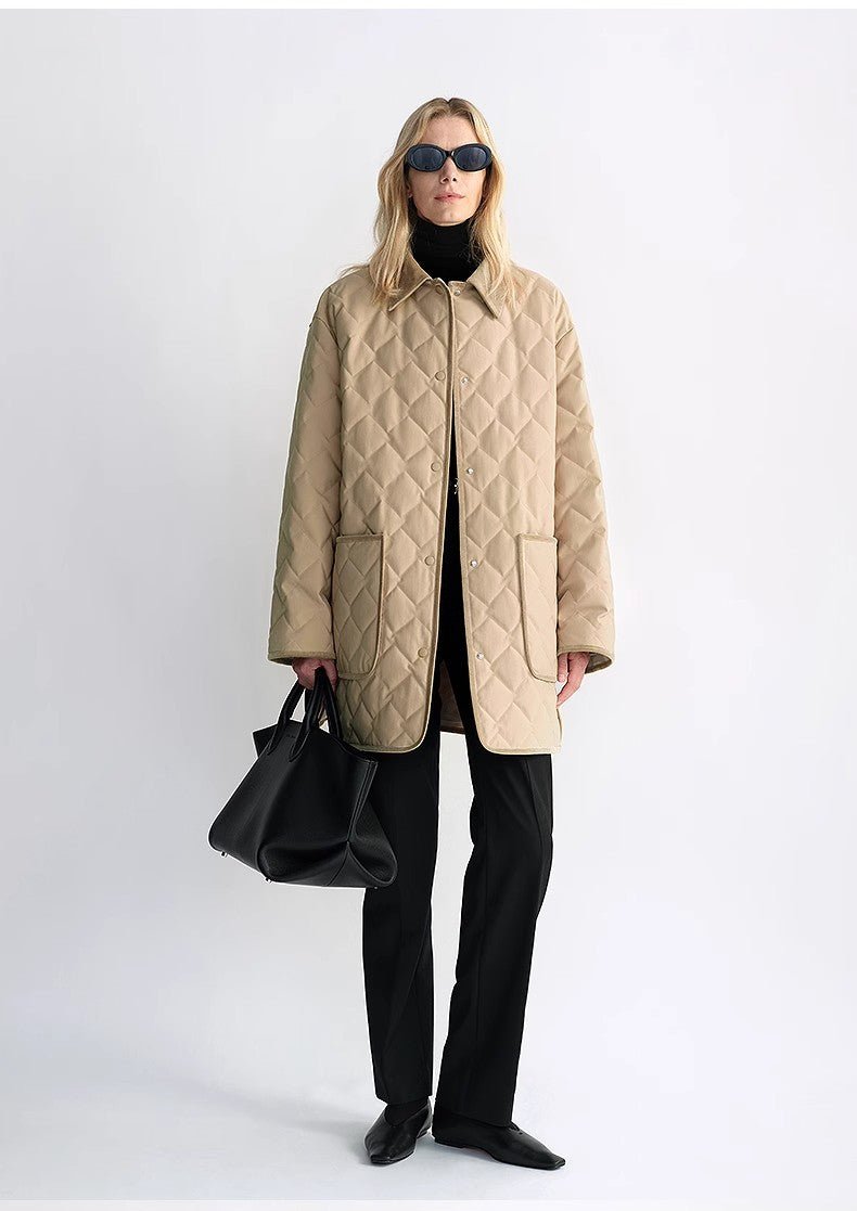 "Diamond Texture" Splicing Lapel 90 White Goose Down Barn Jacket Down Jacket Women - variant_title