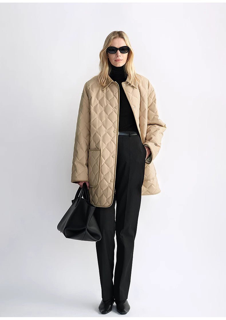 "Diamond Texture" Splicing Lapel 90 White Goose Down Barn Jacket Down Jacket Women - variant_title