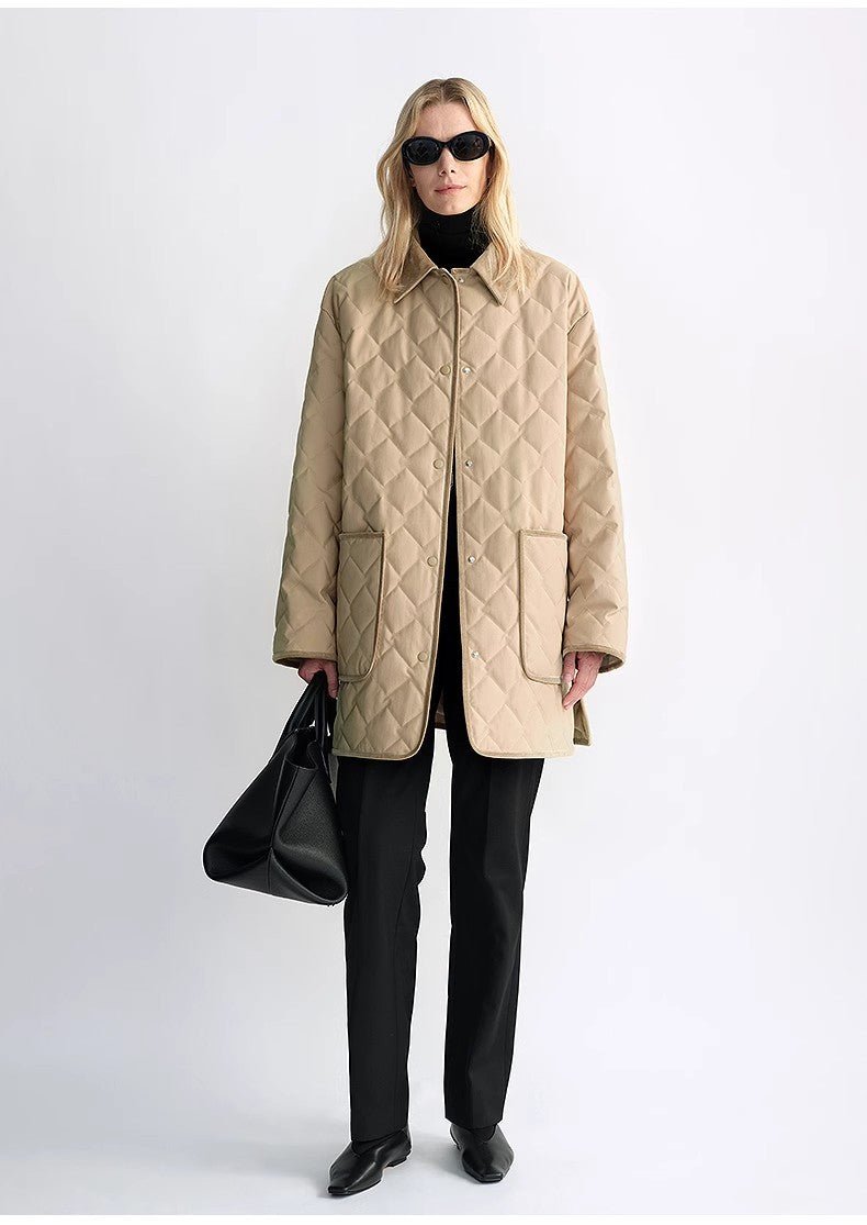 "Diamond Texture" Splicing Lapel 90 White Goose Down Barn Jacket Down Jacket Women - variant_title