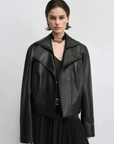 THE ARTM Women's Double-Lapel Lambskin Leather Jacket, Premium Natural Material