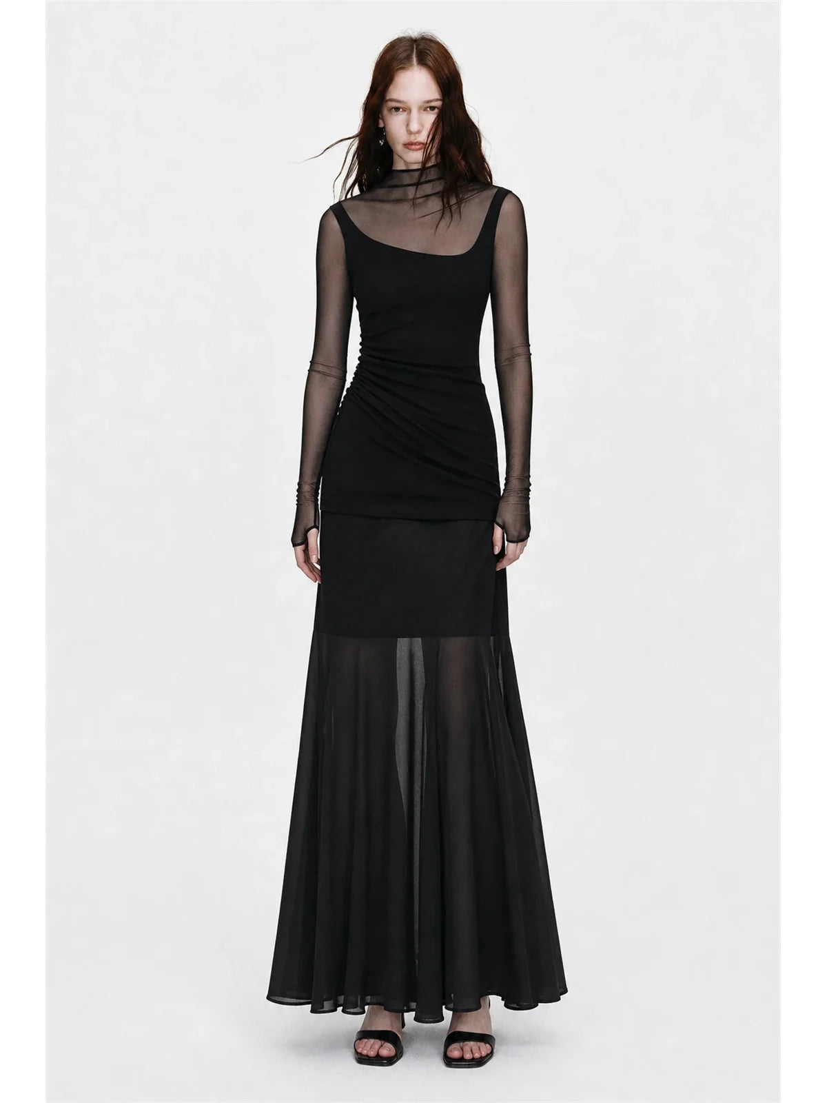 Black double-layer transparent oblique collar fake two-piece knit top on EVA model full front view