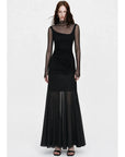 Black double-layer transparent oblique collar fake two-piece knit top on EVA model full front view